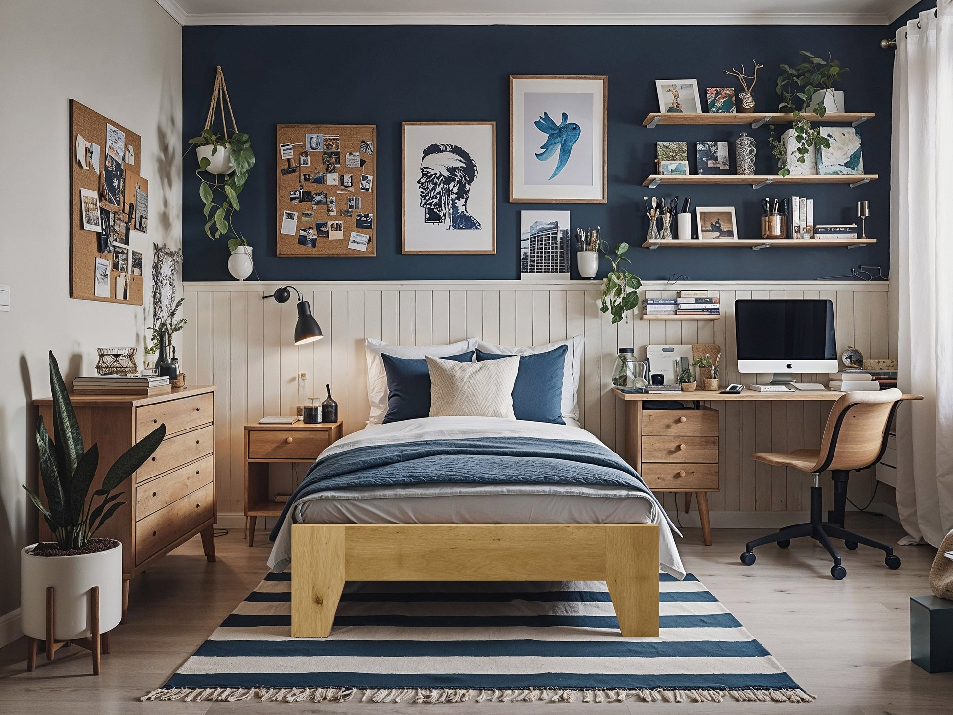 King platform bed with grey upholstered headboard, dark wooden frame, and minimalist design.