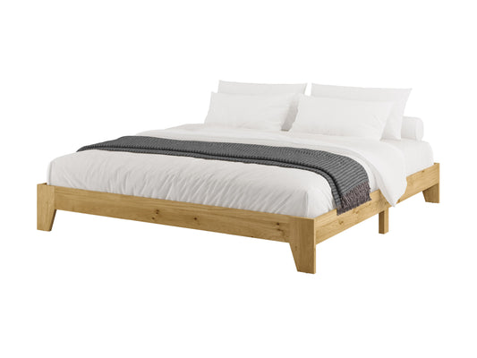 King platform bed with grey upholstered headboard, wooden frame, and minimalist design.