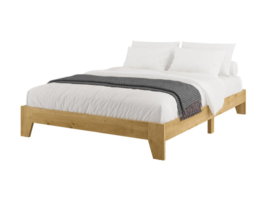 Modern queen platform bed with grey upholstered headboard, wooden frame, and minimalist design.