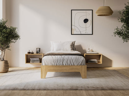 Twin single platform bed with wooden frame, white finish, and minimalist design, perfect for modern bedrooms.