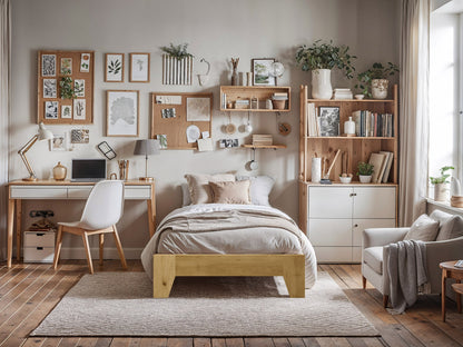 Twin single platform bed with grey upholstered headboard, wooden frame, and minimalist design.