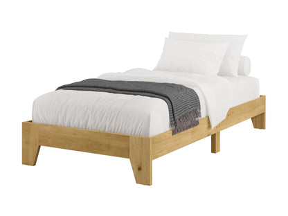 Twin single platform bed with grey upholstered headboard, wooden frame, and sleek modern design.