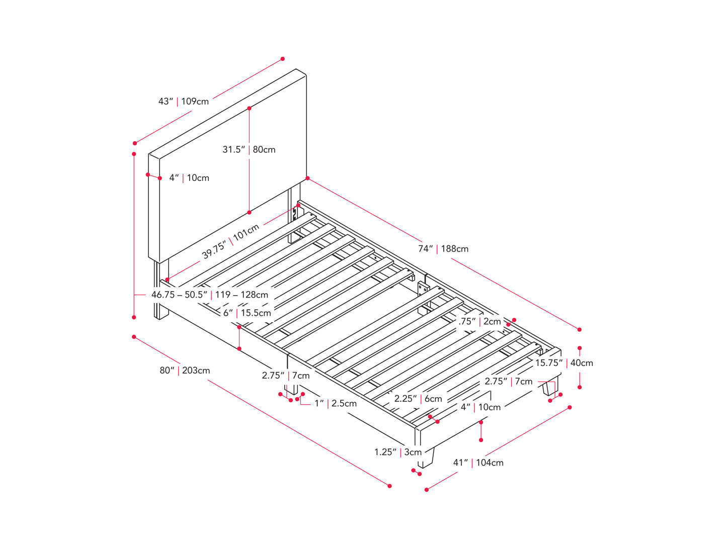 Grey Fabric Bed Single with Slats