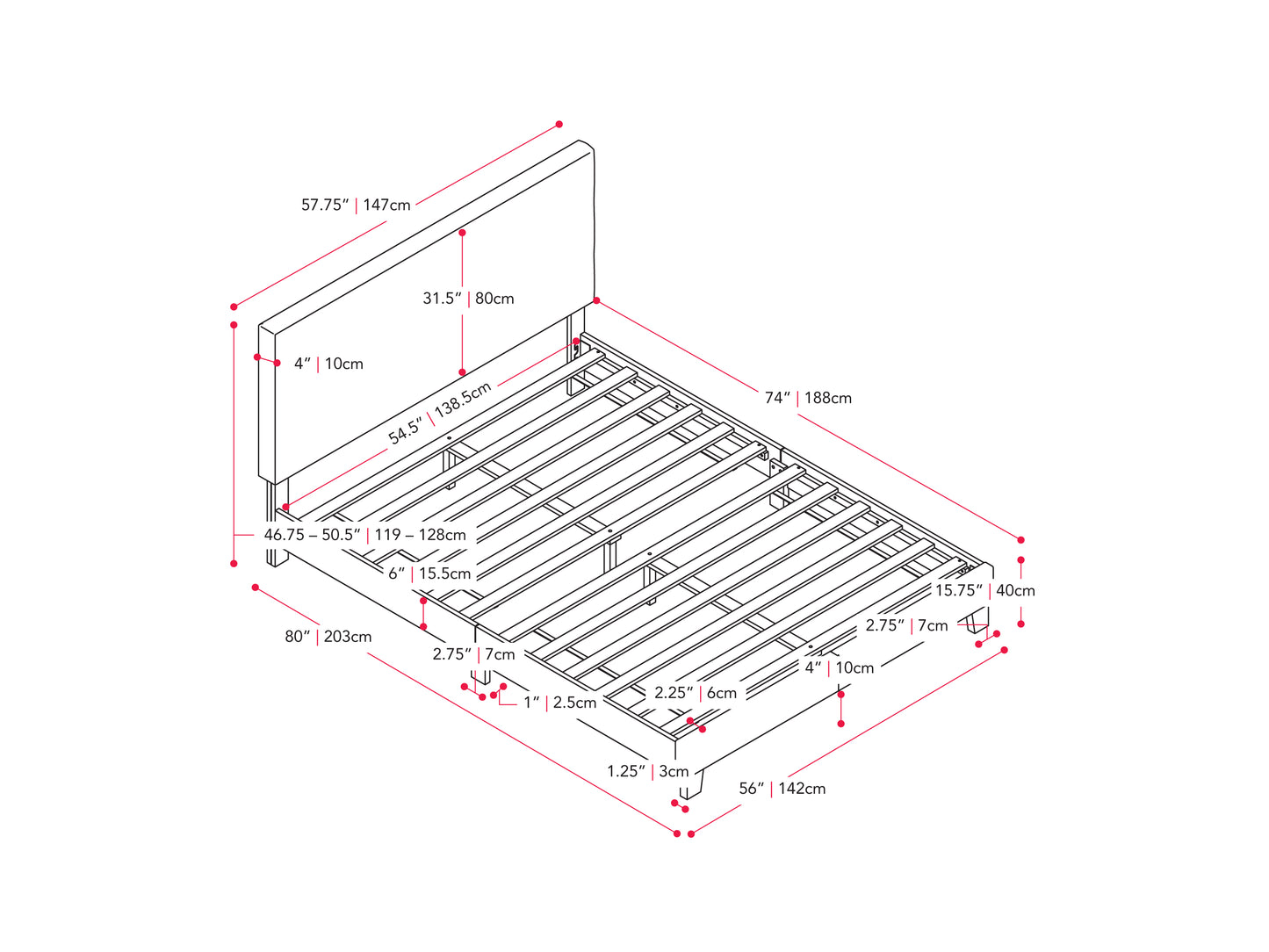 Charcoal Fabric Double Bed with Slats