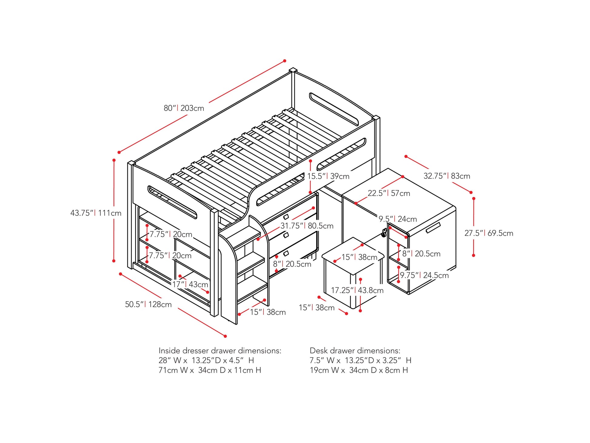 Twin loft bed with desk, white finish, sturdy wooden frame, built-in workstation, space-saving design.