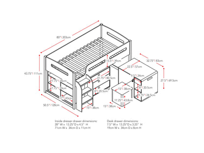 Twin loft bed with desk, white finish, sturdy wooden frame, built-in workstation, space-saving design.