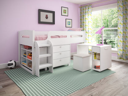 White twin loft bed with desk, sturdy wooden frame, space-saving design, ideal for kids' rooms and small spaces.