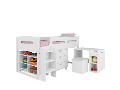 White twin loft bed with built-in desk, sturdy wooden frame, and space-saving design.