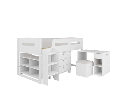 White twin loft bed with built-in desk, sturdy wooden frame, and space-saving design.