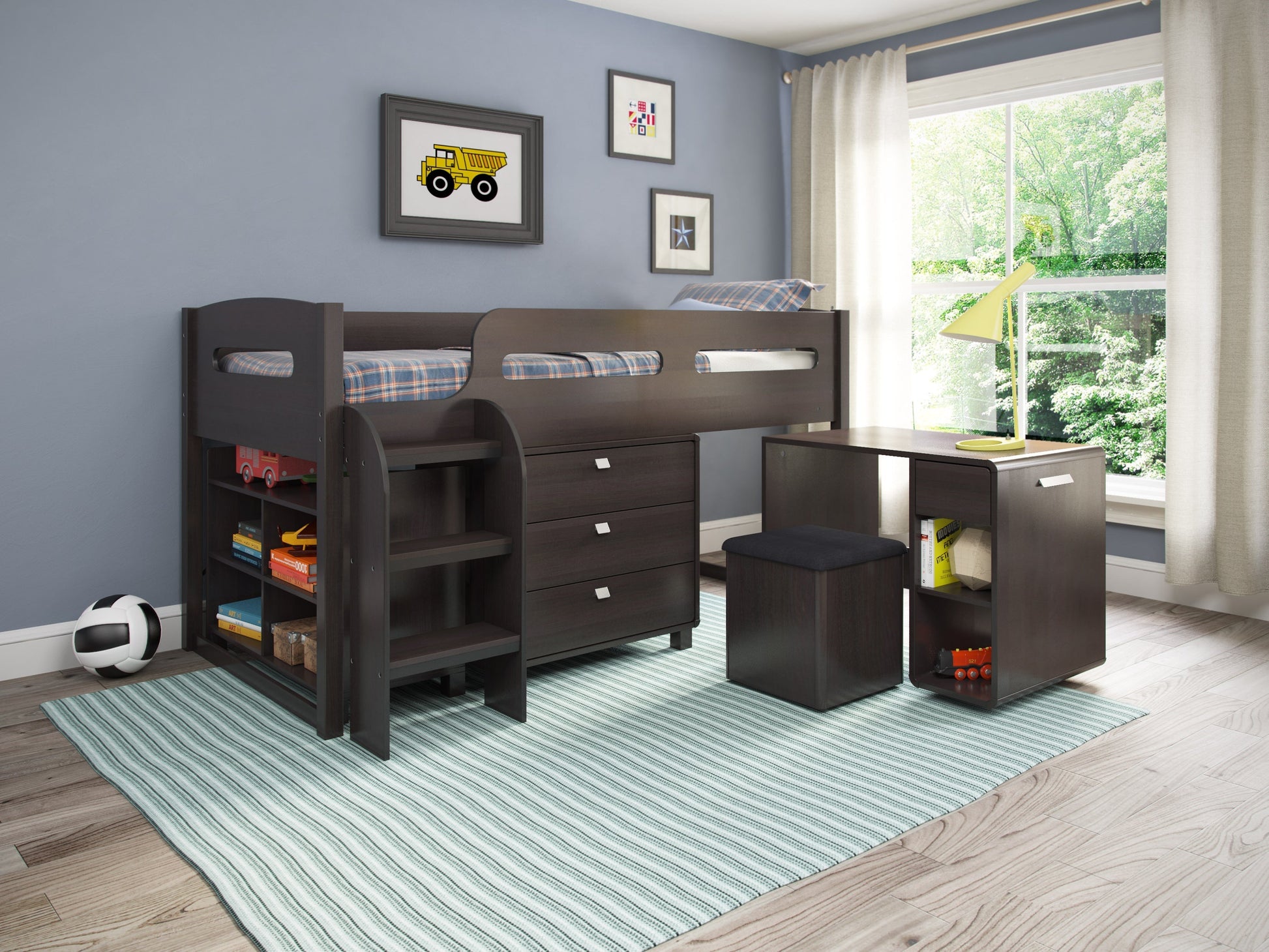 Espresso twin loft bed with built-in desk, sturdy wooden frame, and space-saving design for kids' or teens' rooms.