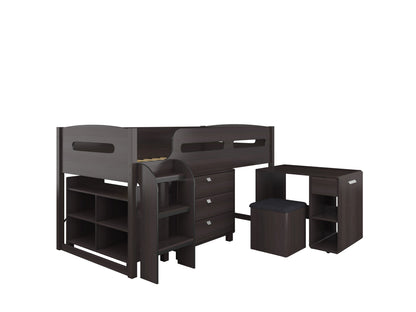 Espresso twin loft bed with built-in desk, sturdy wooden frame, and space-saving design.