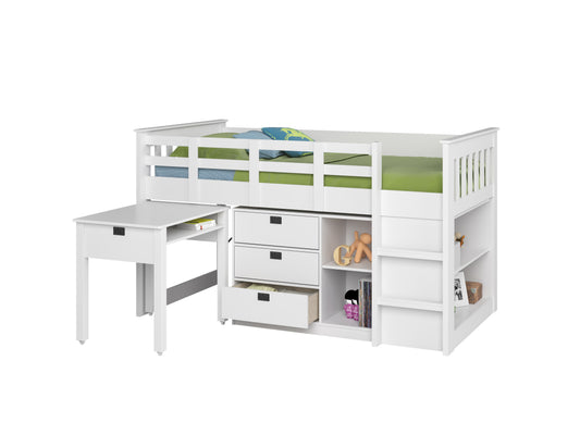 Modern twin loft bed with white frame, wooden storage drawers, and built-in desk. Features ladder access, safety rails, and spacious under-bed area. Ideal for kids' rooms or small spaces.