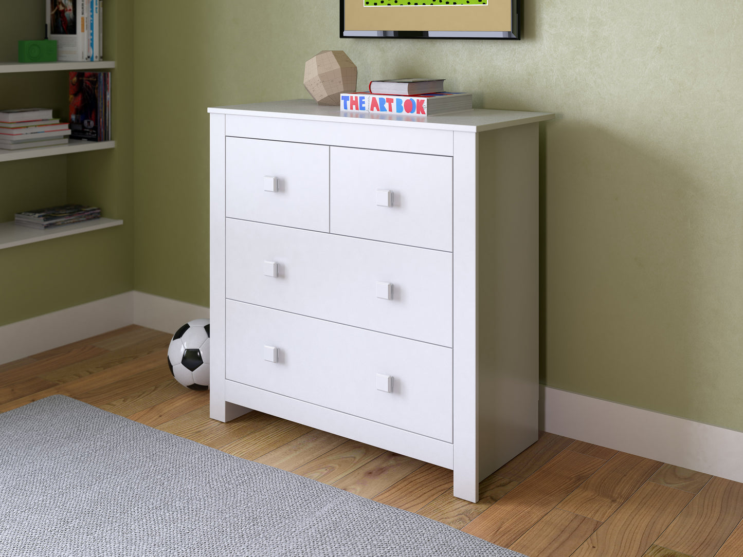 Modern 4 drawer dresser in sleek black finish with minimalist design, featuring durable metal handles and smooth-glide drawers, perfect for contemporary bedroom storage solutions.