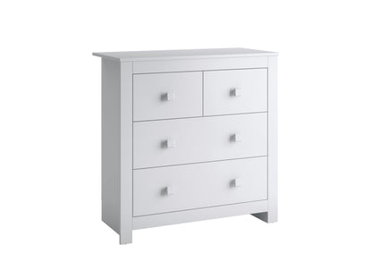 Natural wood 4-drawer dresser with white frame, sleek metal handles, and a smooth finish. Ideal for modern bedrooms, this storage furniture piece blends contemporary style with functional elegance.