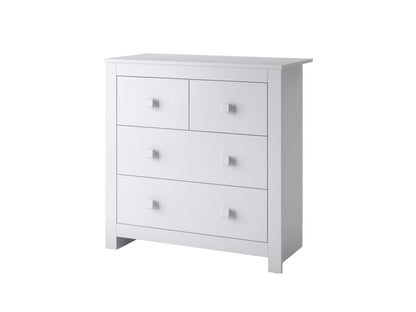 Modern 4 drawer dresser in matte black finish with sleek metal handles, minimalist design, and smooth wooden texture, ideal for contemporary bedroom storage solutions.