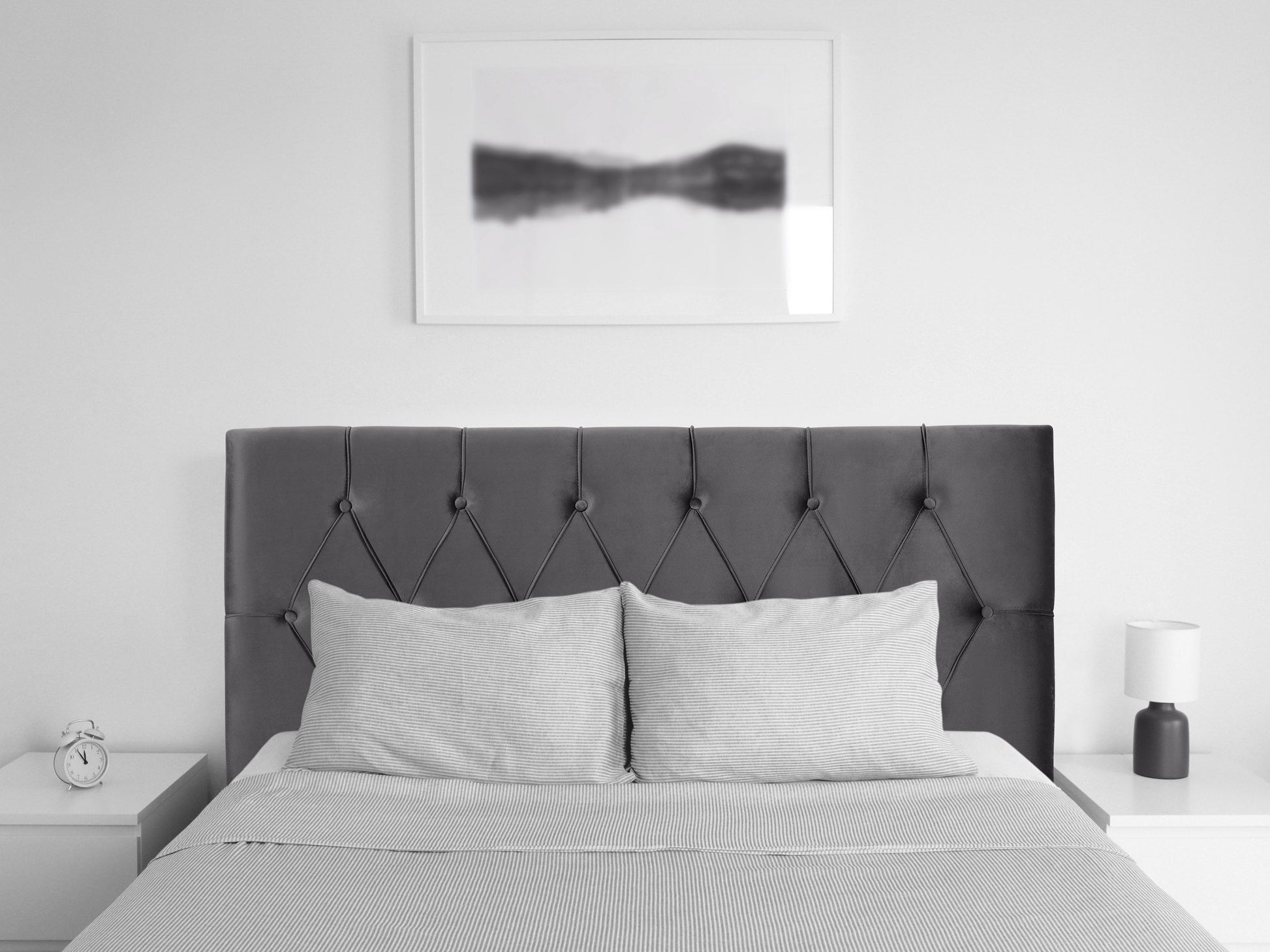 Dark grey velvet headboard, full/double size, with tufted design and plush texture.