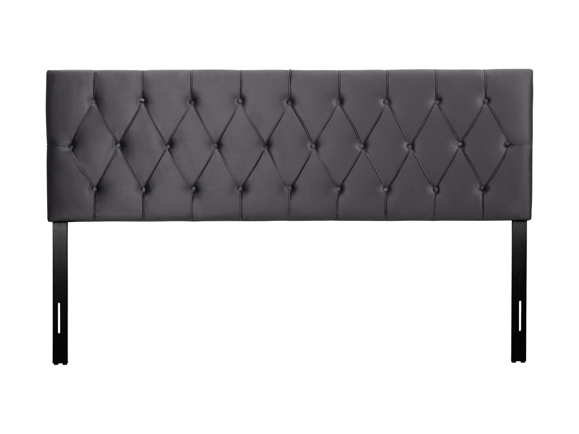 Dark grey velvet king headboard with tufted design and elegant minimalist style.