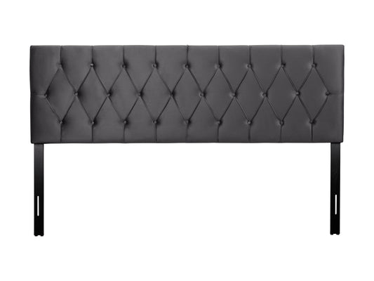 Dark grey velvet king headboard with tufted design and elegant minimalist style.