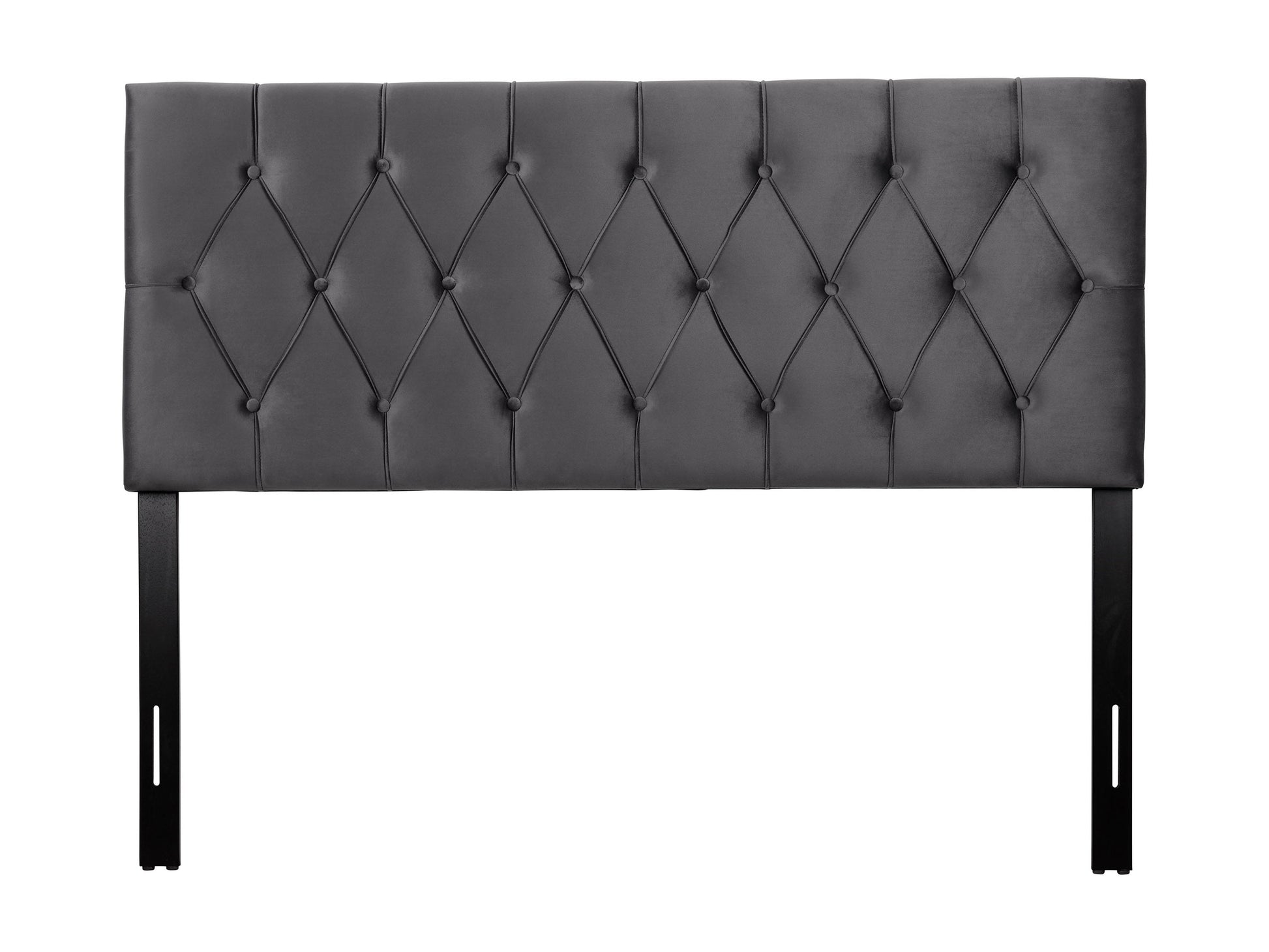 Dark grey velvet queen headboard with tufted design and sleek modern style