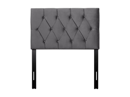 Dark grey twin velvet headboard with tufted design and elegant stitching.