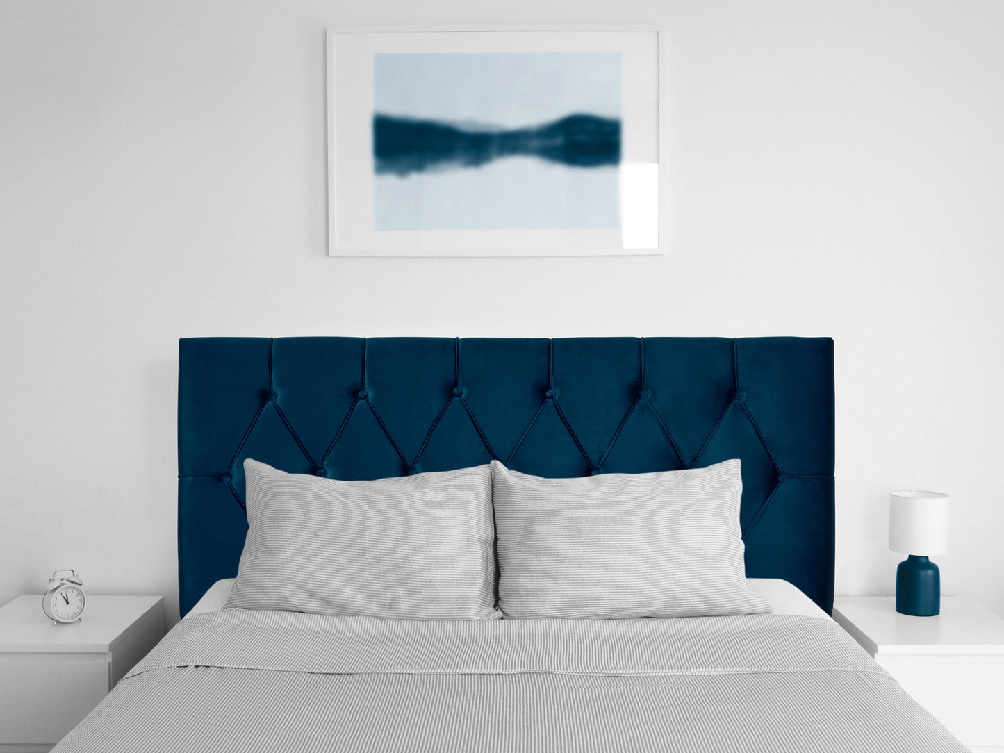 Navy blue velvet headboard, full/double size, with tufted design and elegant, soft texture.