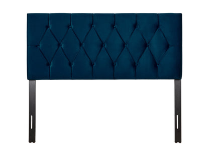 Navy blue velvet headboard, full/double size, with tufted design and plush padding.