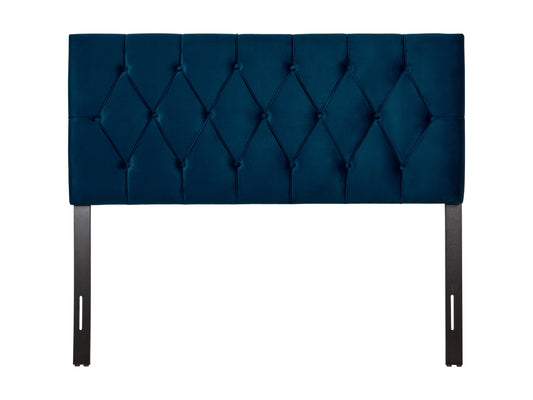 Navy blue velvet headboard, full/double size, with tufted design and plush padding.