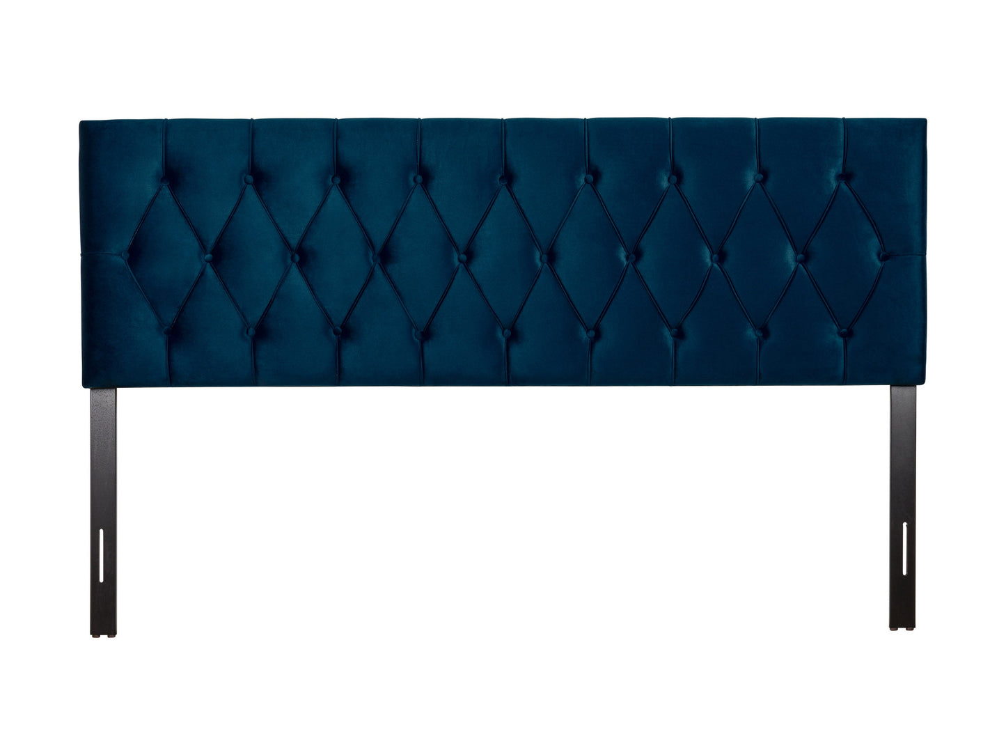 Navy blue velvet king headboard with tufted design and sleek modern style.