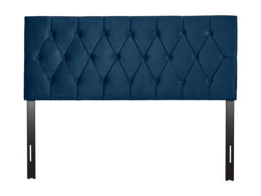 Navy blue velvet queen headboard with tufted design and elegant finish.