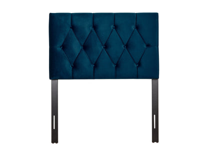 Navy blue velvet twin headboard with tufted design and plush texture, perfect for modern bedroom decor.