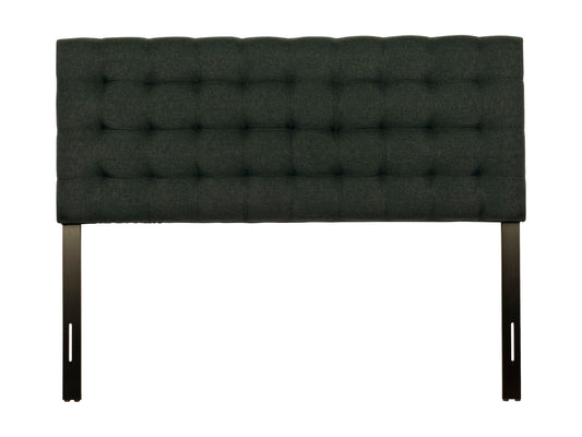 Blue modern queen headboard with tufted fabric and sleek design.