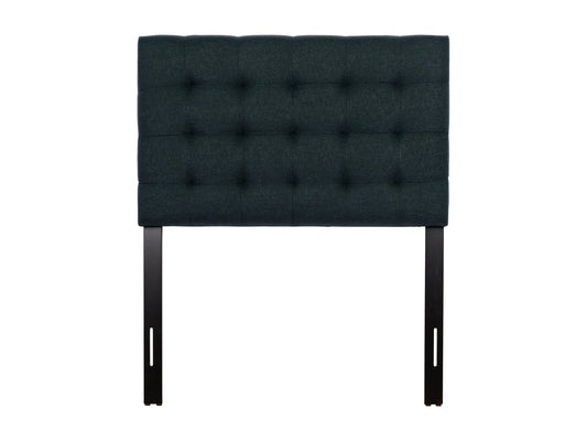 Blue modern twin headboard with tufted fabric design and sleek minimalist style.