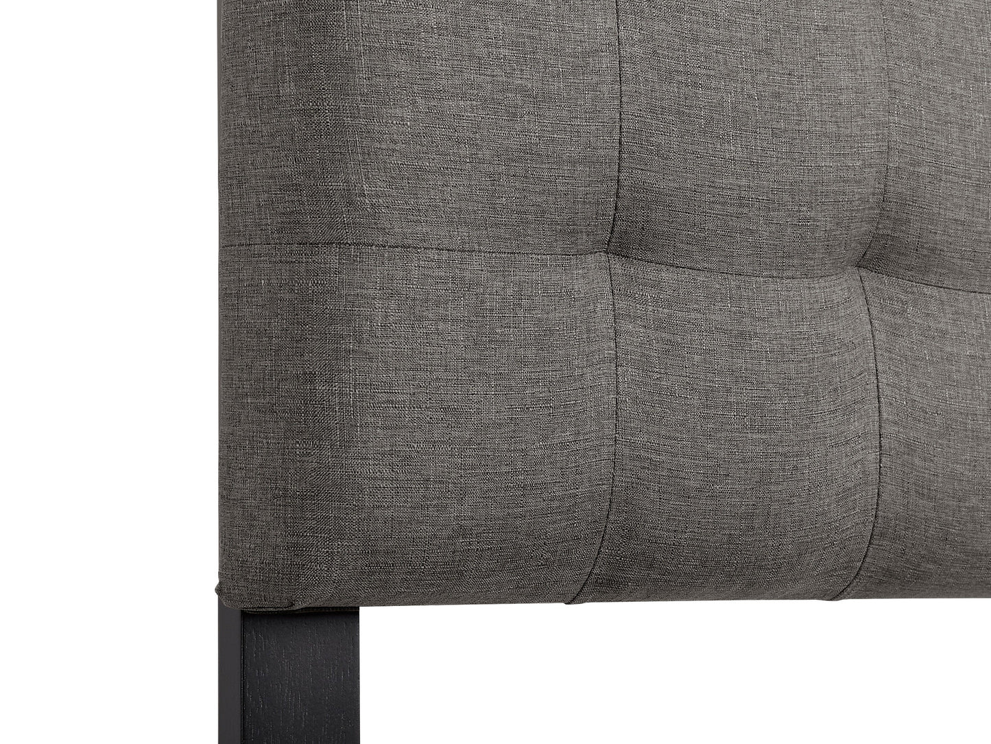 Grey king-size headboard with tufted fabric, modern design, and wooden frame.