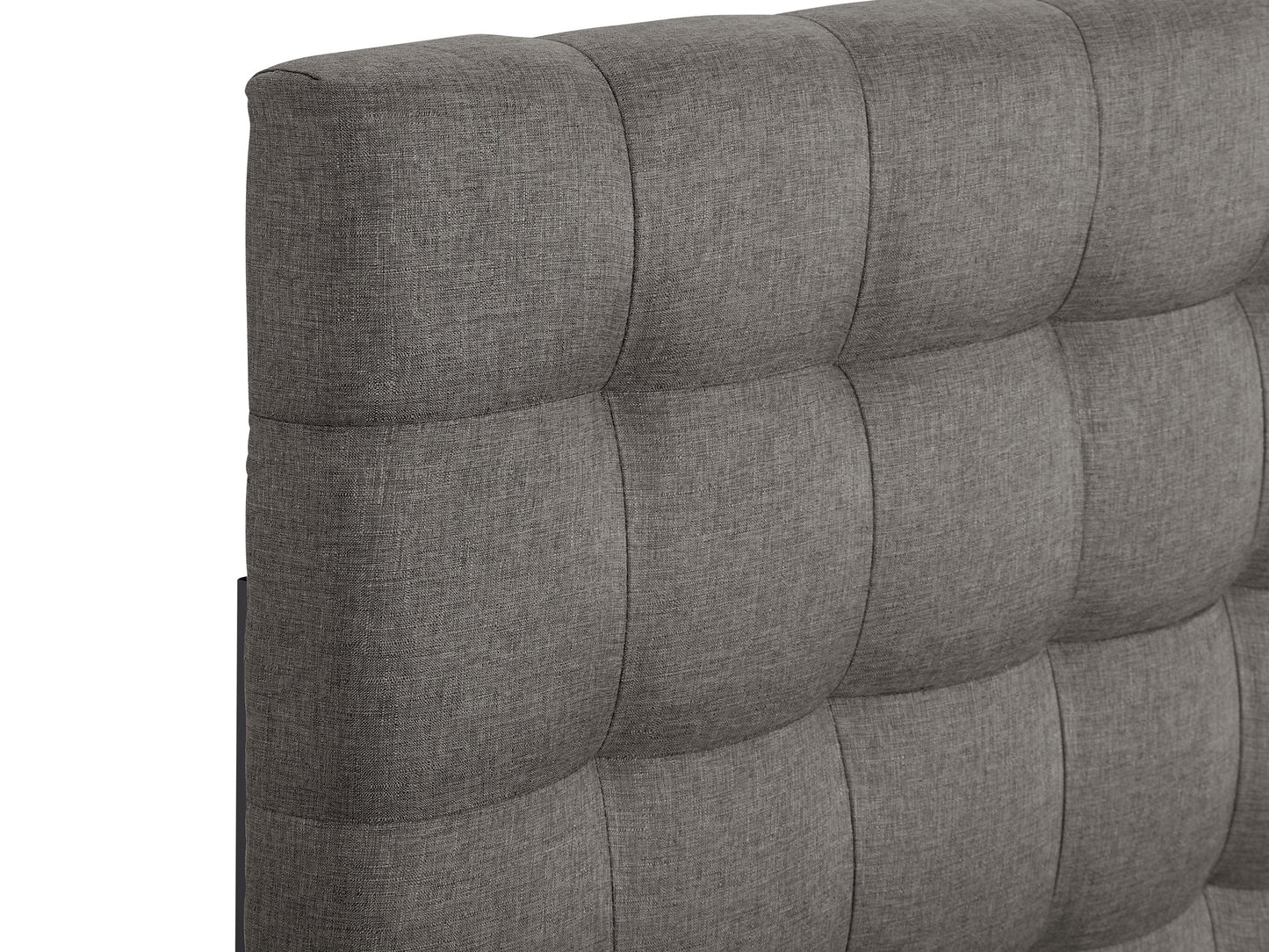 Grey modern queen headboard with tufted fabric and sleek minimalist design.