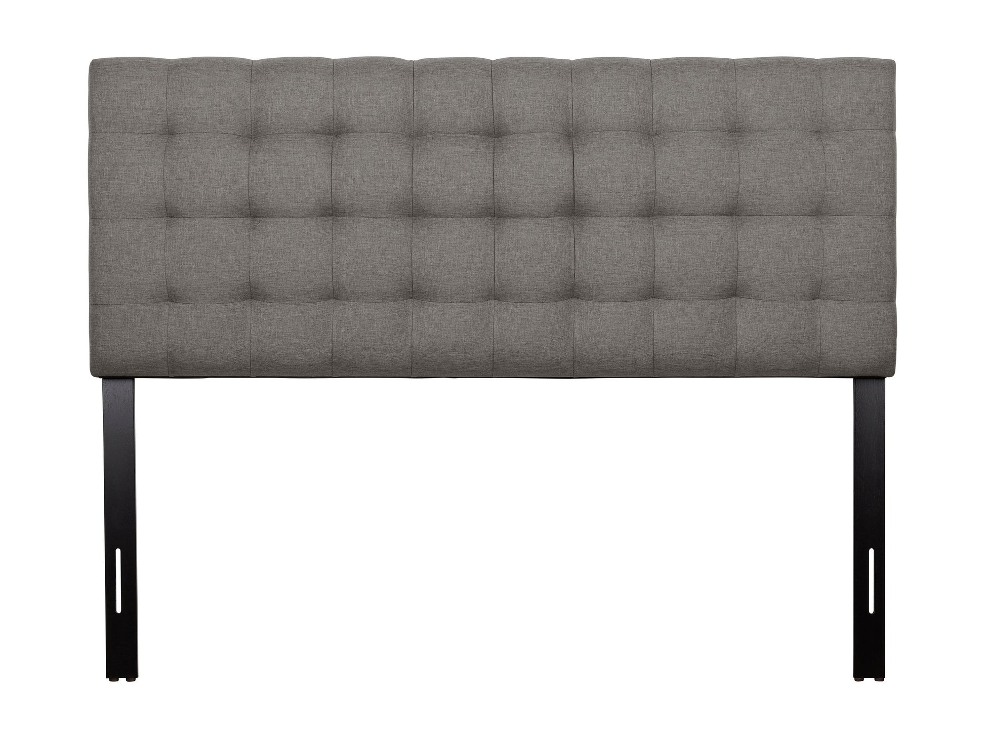 Grey queen headboard with tufted fabric, modern design, and sturdy wooden frame.