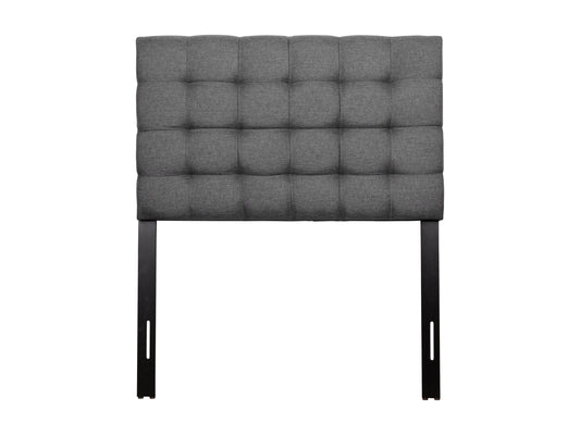 Modern grey twin headboard with tufted fabric upholstery and minimalist design