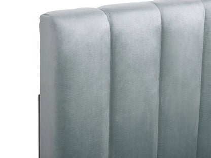 Light blue twin headboard with panel design, fabric upholstery, and minimalist style.