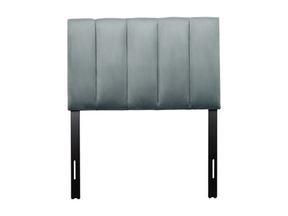 Light blue twin panel headboard with tufted fabric, minimalist design, and wooden frame.