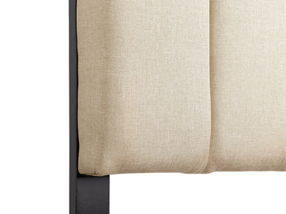 Cream panel headboard, king size, upholstered fabric with vertical stitching, modern bedroom furniture.