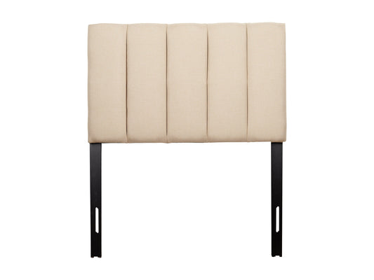 Cream panel headboard, twin/single size, upholstered fabric with vertical stitching and sleek design.