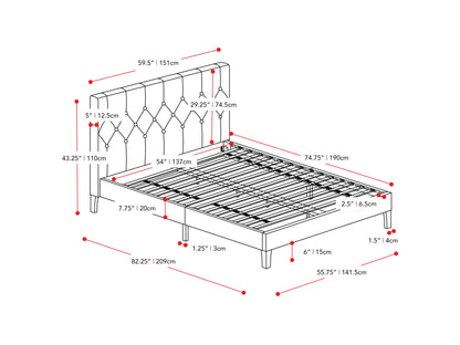 Dark grey button tufted double/full bed with elegant fabric upholstery and sturdy wooden legs.