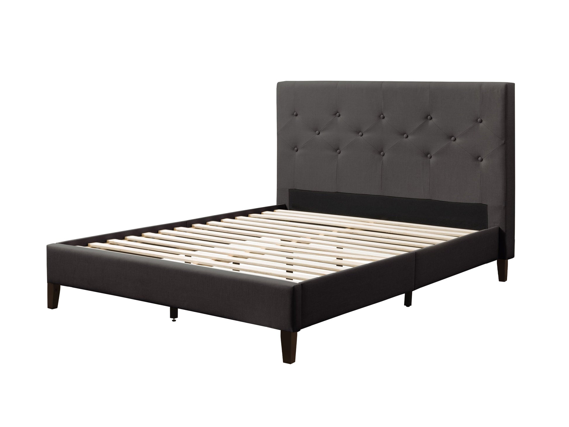 Dark grey button-tufted full bed with upholstered headboard and wooden legs.