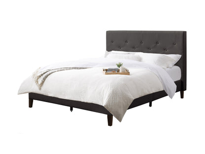 Dark grey button-tufted double/full bed with wooden legs and upholstered headboard.