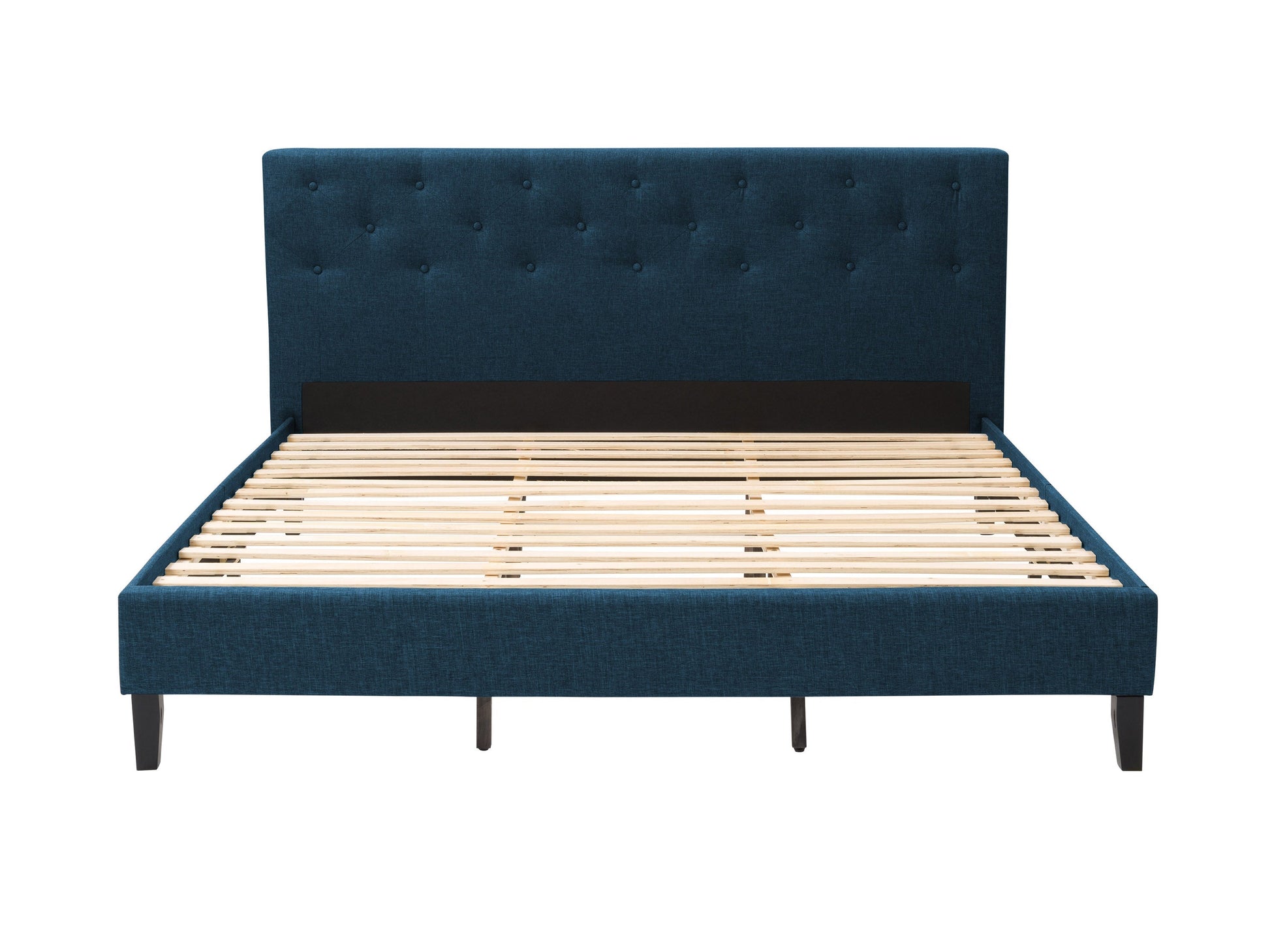 Blue button tufted king bed with wooden legs, upholstered headboard, and elegant design.