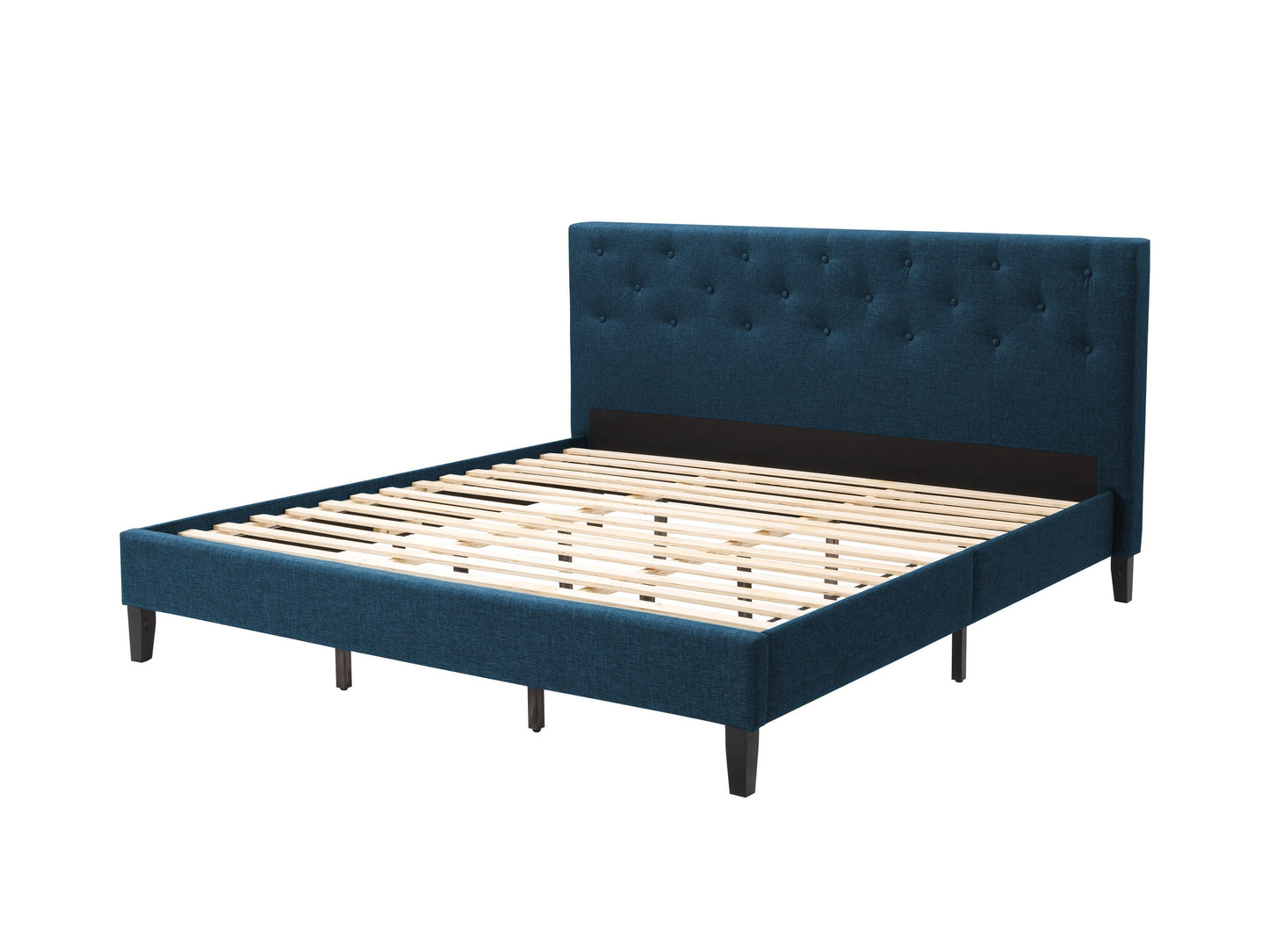 Blue button tufted king bed with wooden legs and upholstered headboard.