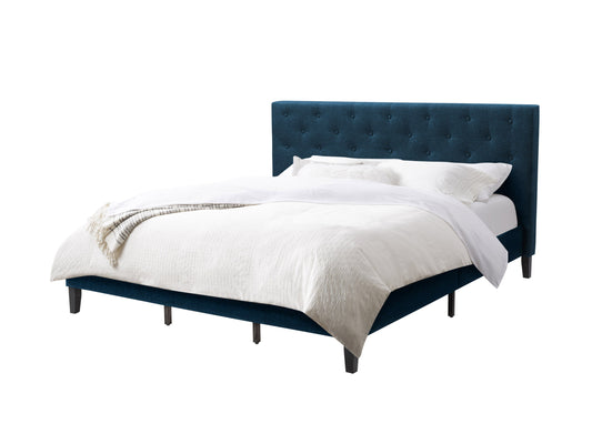 Blue button tufted king bed with upholstered headboard and wooden legs, elegant and modern bedroom furniture.