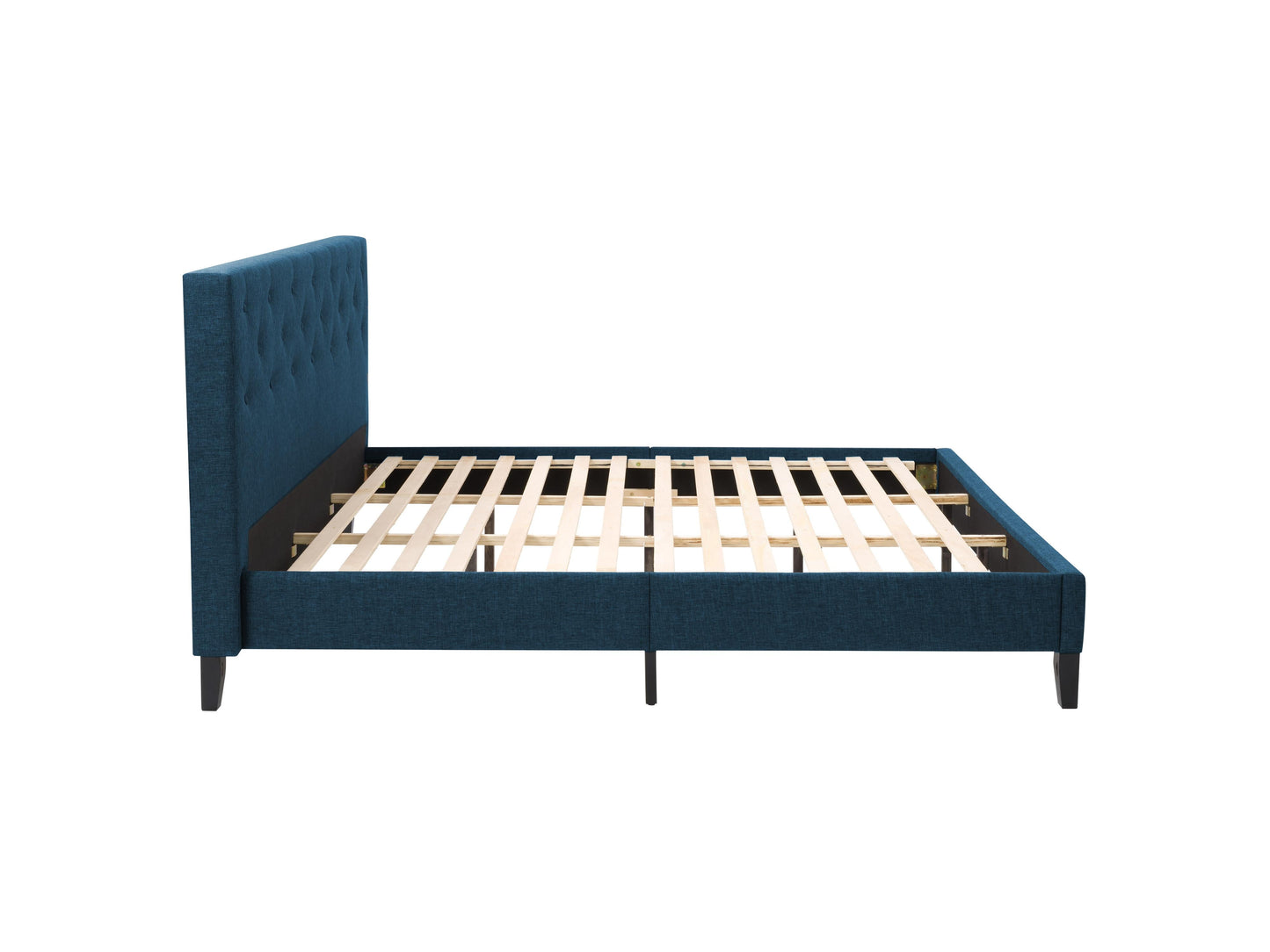 Blue button tufted king bed with upholstered headboard, wooden legs, and elegant design.