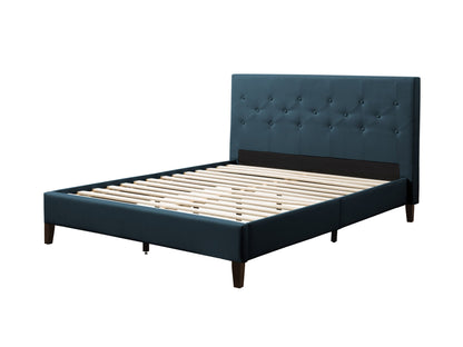 Blue button tufted queen bed with plush fabric upholstery and elegant wooden legs.