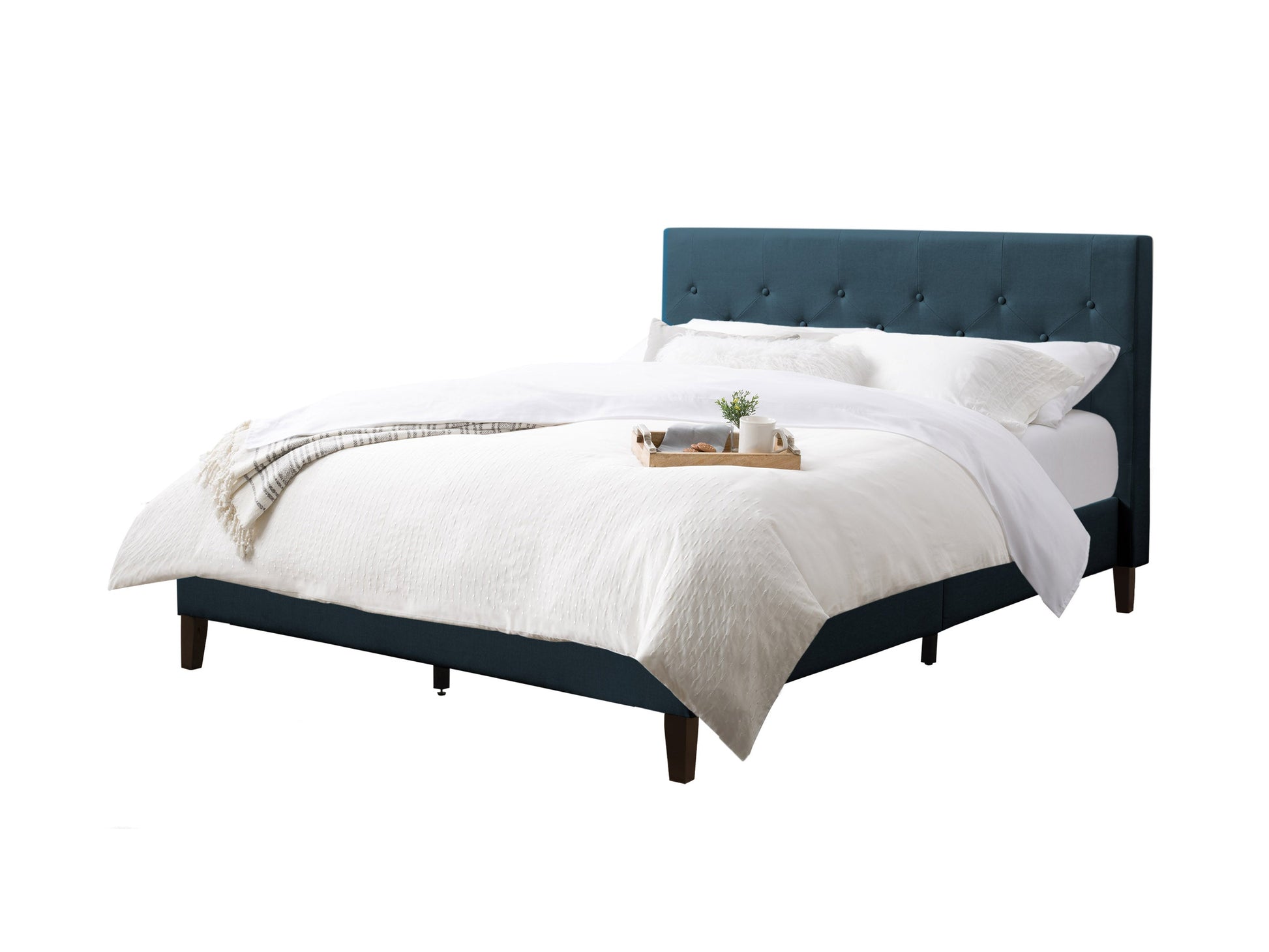 Blue button tufted queen bed with plush fabric, wooden frame, and elegant design.