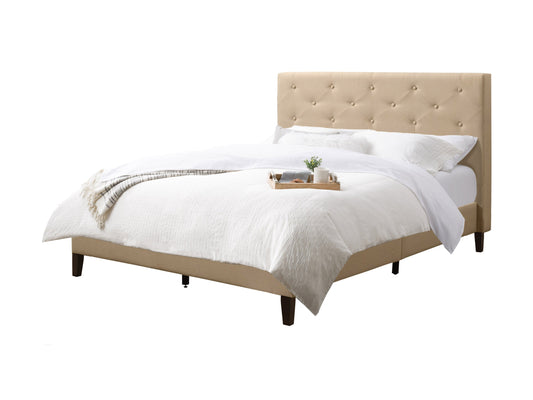 Cream button tufted double/full bed with wooden legs and upholstered headboard.